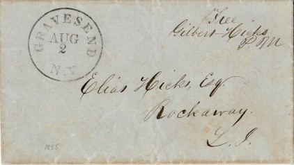 Letter from Gilbert Hicks to Elias Hicks, postmarked Gravesend, 2 August 1855 (Collection of Joseph Ditta)