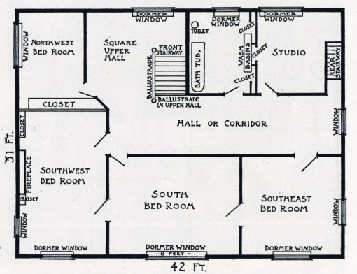 On the second floor the only modern touch is the bathroom.