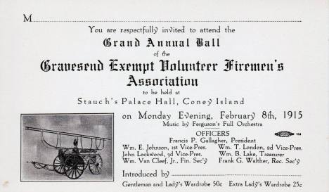 Invitation to the 1915 ball of the G.E.V.F.A. at Stauch's Palace Hall, Coney Island. [Collection of Joseph Ditta]
