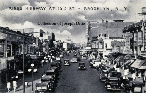 Kings Highway in its heyday, looking east from the Brighton Line. Note the Avalon Theatre, at right. {Collection of Joseph Ditta}